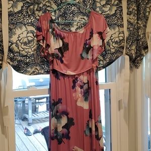 Pink Floral Ruffle Off Shoulder Maxi Dress